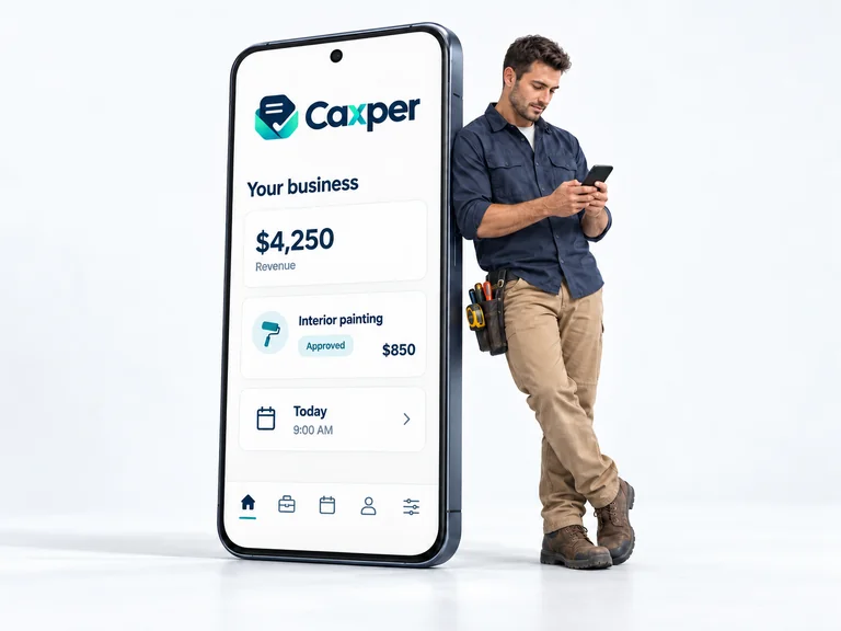 A contractor using his phone beside an enlarged Caxper screen showing example revenue, a job and a scheduled appointment.